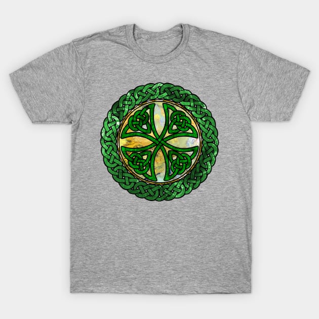 Green and Gold - Celtic Knot Shield T-Shirt by Leroy Binks